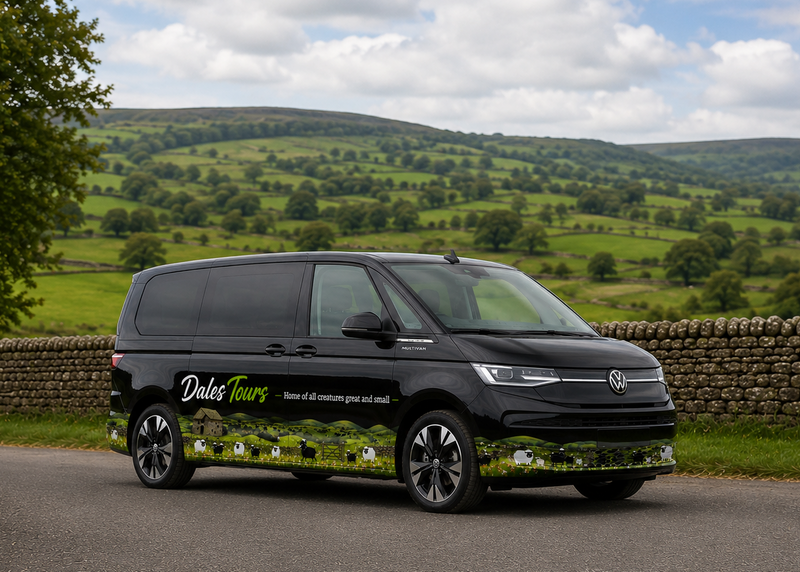 A black Volkswagen Transporter van with 'Dales Tours' branding and a scenic green hillside wrap, parked on a country road with a stone wall and rolling green hills in the background.